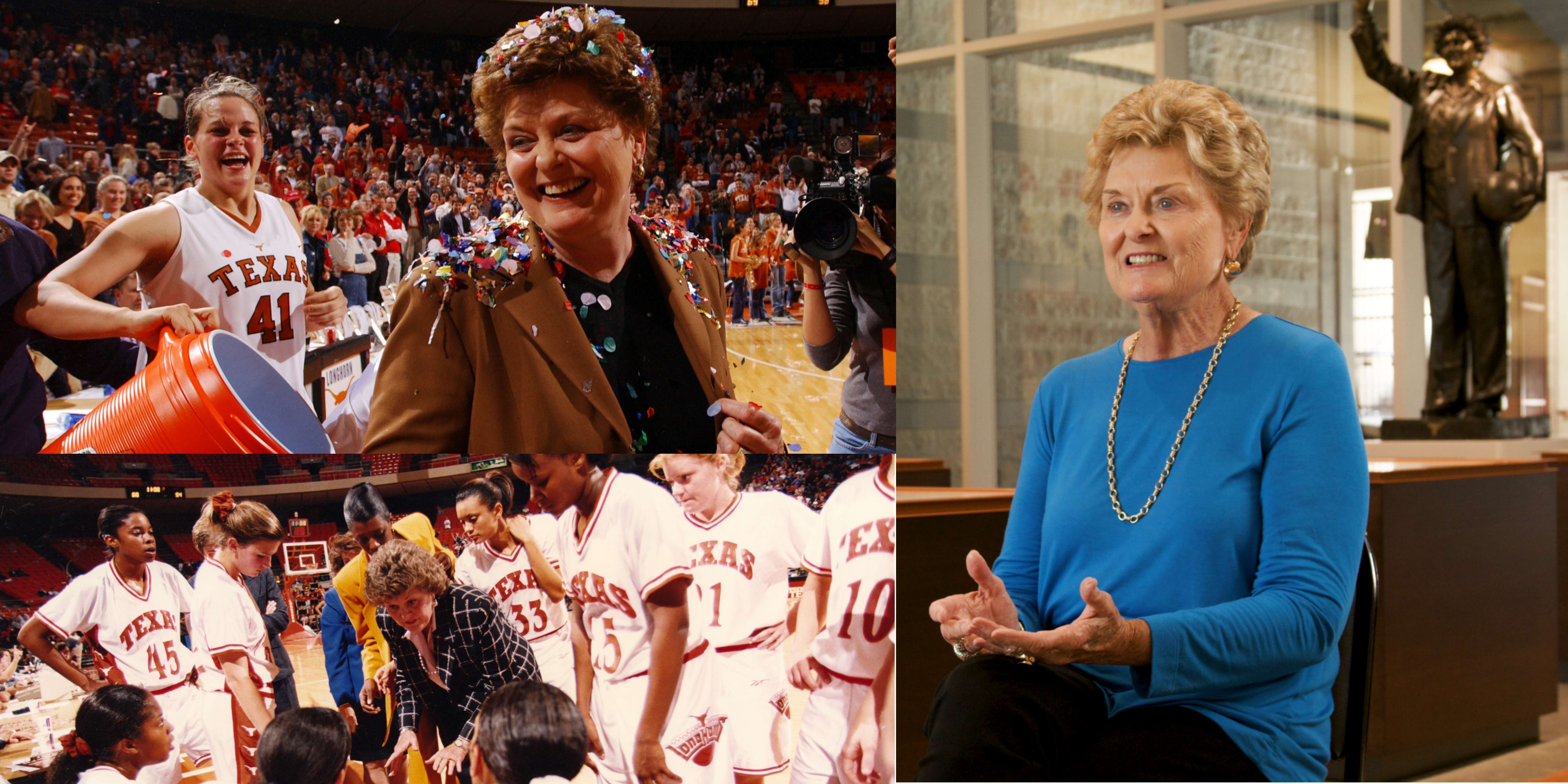 Collage with pictures of Jody Conradt coaching at the University of Texas on the left and a picture of her sitting in front of her statue for an interview on the right.